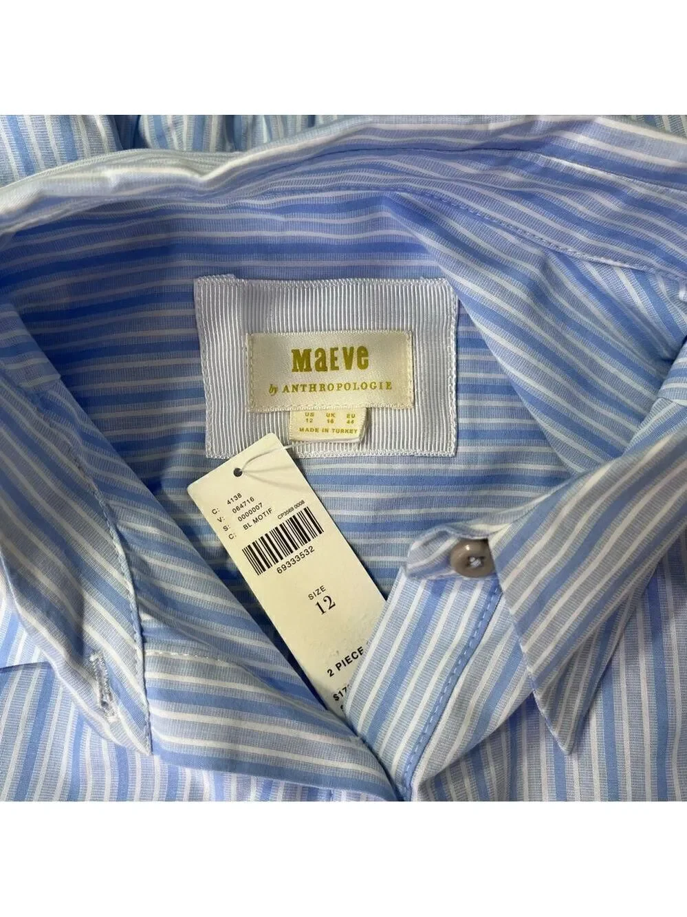 NEW Maeve Anthropologie Two Piece Shirt and Skirt Set Blue White Stripe Size 12